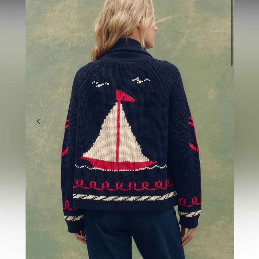 The Great Navy Sailboat Lodge Cardigan Size 3 = Large  Nautical Sweater - Picture 7 of 15